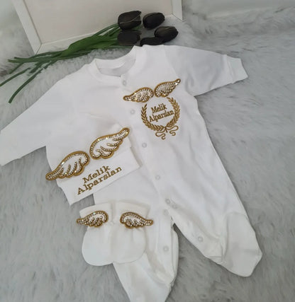 Barboteuse Bébé Jetable avec Nom, Ailes d'Ange, Sortie de Maternité .