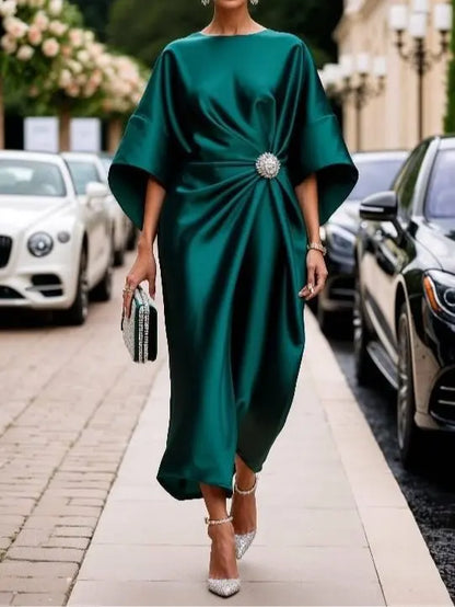Robe Élégante Décontractée – Satin Perlé, Manches Courtes, Look Banlieue Tendance