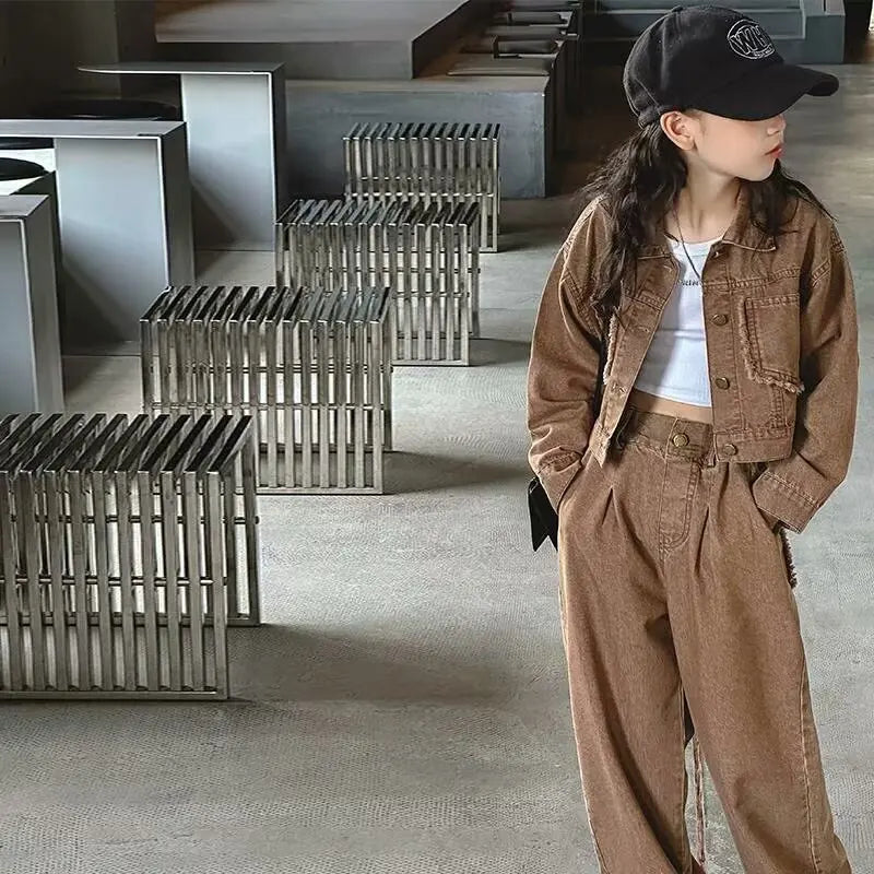 Ensemble de tenues 2 pièces pour filles, veste en jean à la mode, vêtements d'école pour mère et fille, tenues pour adolescents de 12 à 13 ans.