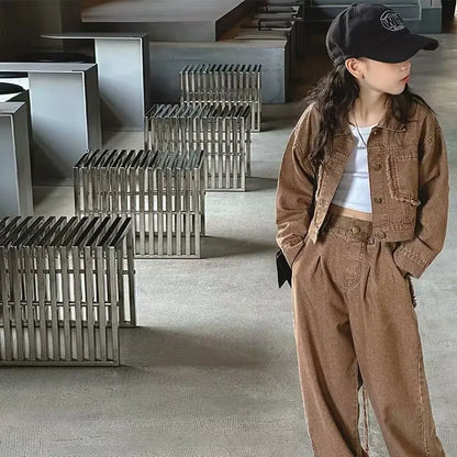 Ensemble de tenues 2 pièces pour filles, veste en jean à la mode, vêtements d'école pour mère et fille, tenues pour adolescents de 12 à 13 ans.