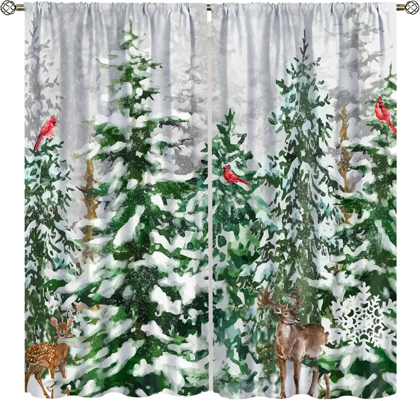 Rideaux Noël forêt enneigée cardinal cerf chalet