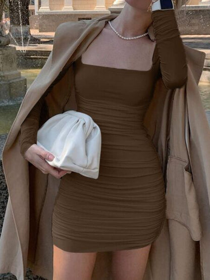 Robe moulante femme – mini, col carré, manches longues, unie, sexy soirée/club