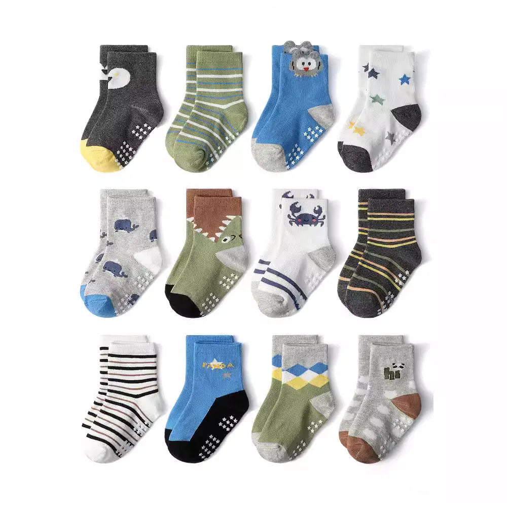 Chaussettes coton enfant/bébé – antidérapantes, respirantes, dessins animés (lot 1‑12 paires)