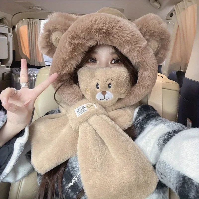 Ensemble Hiver Femme – Chapeau Ours Peluche + Gants Chauds, Style Lei Feng