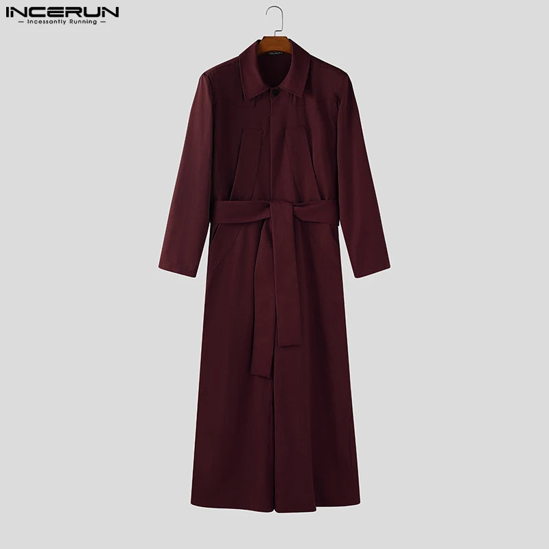 Salopette homme INCERUN  couleur unie à manches longues revers, jambe large – Combinaison ample streetwear décontracté S-5XL