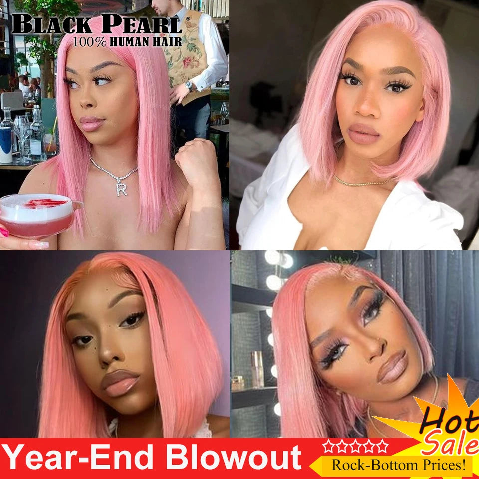 Perruque Bob rose droite – Cheveux humains, courte, dentelle avant, noeuds blanchis, pré-plumée, transparente