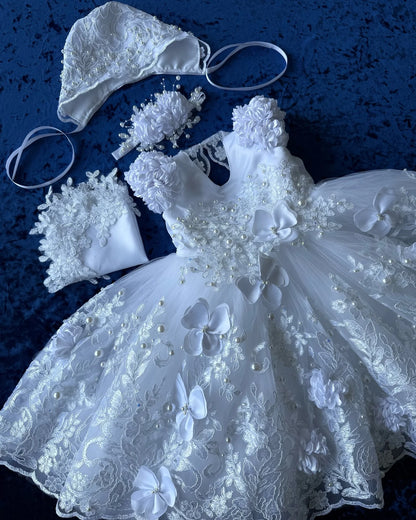 Robe baptême dentelle bonnet - fleurs 3D, tenue blanche fille
