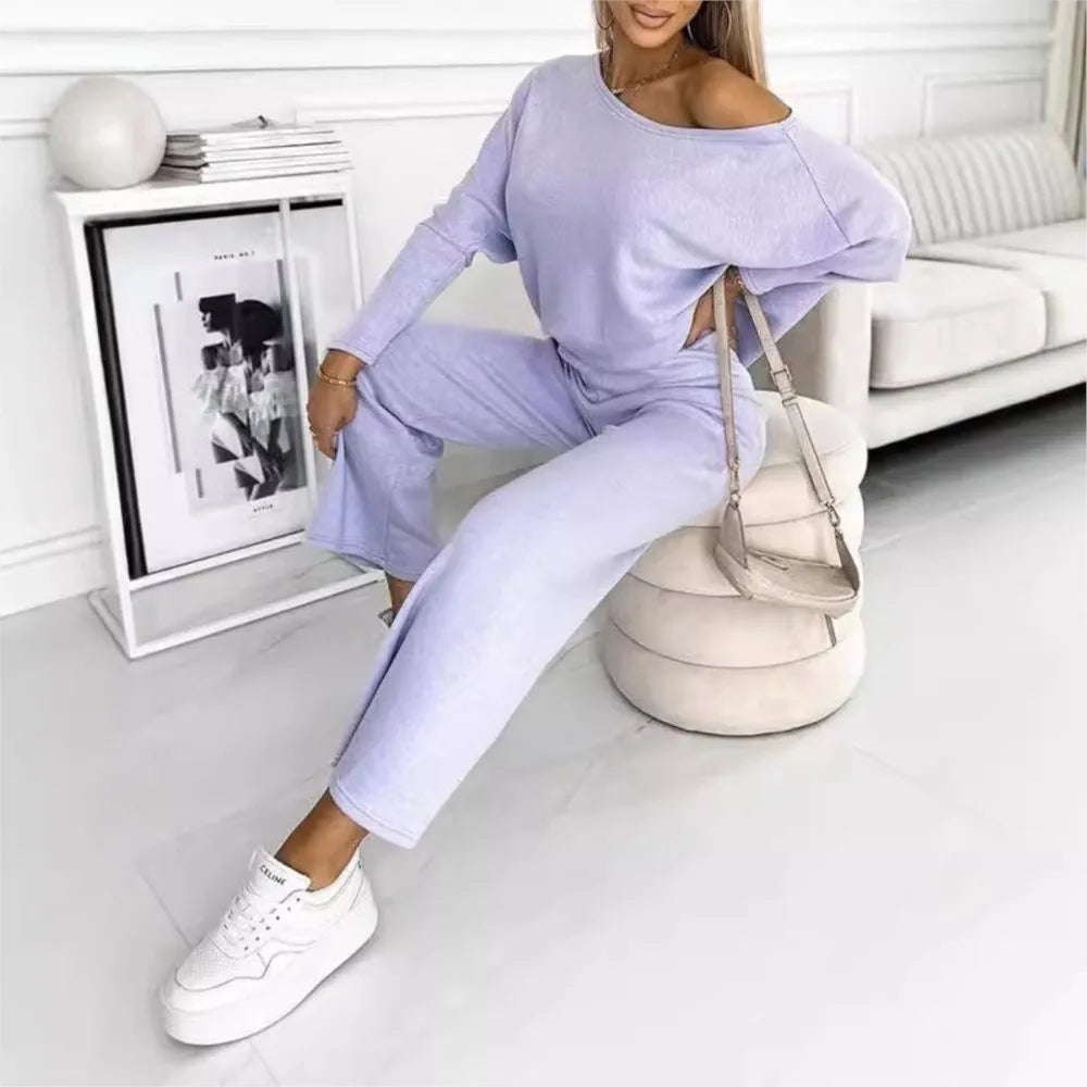 Ensemble Femme 2 Pièces – Pull Manches Longues & Pantalon Décontracté Couleur Unie Chic