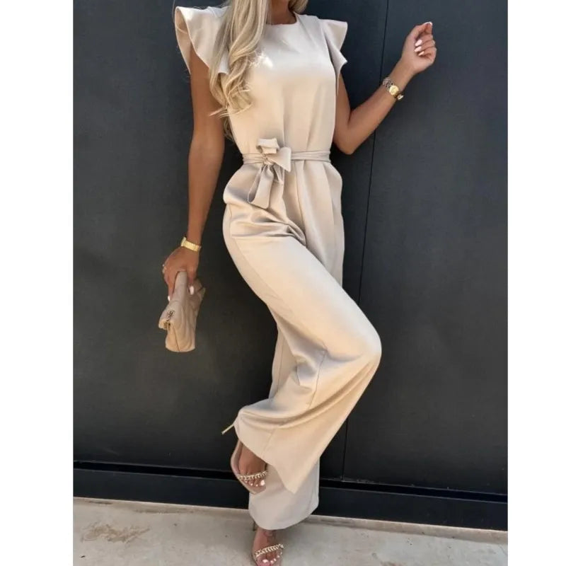 Combinaison Femme Été Taille Haute Unie Beige avec Bretelles et Fermeture Éclair