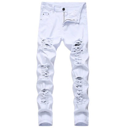 Jean Homme Destroy Droit, Pantalon Denim Blanc Grande Taille 28-42, Marque Mode .