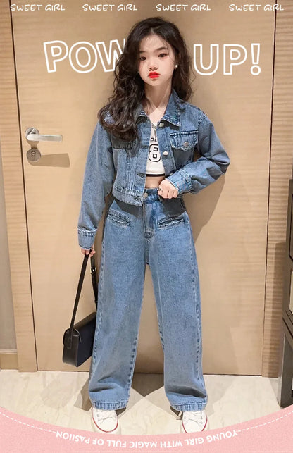 Pantalon Denim Jambes Larges Filles, Style Coréen, Printemps/Automne , 2 Pièces .