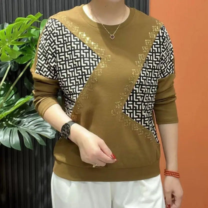 Mn-Pull Femme Léopard Géométrique – T-shirt Col Rond Diamants, Chic décontracté, Printemps Automne, Mode Épissée, Trajet Quotidien