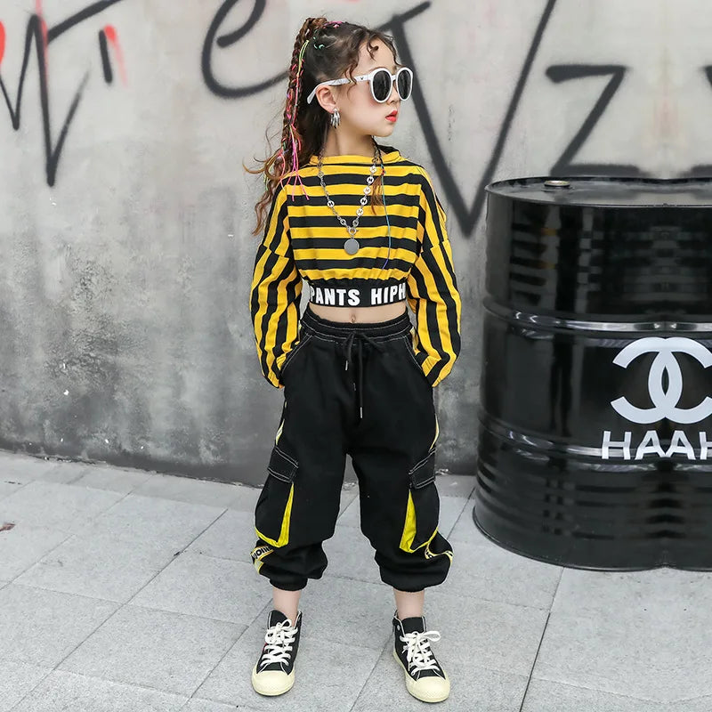 Costume danse jazz fille hip-hop manches longues rayé