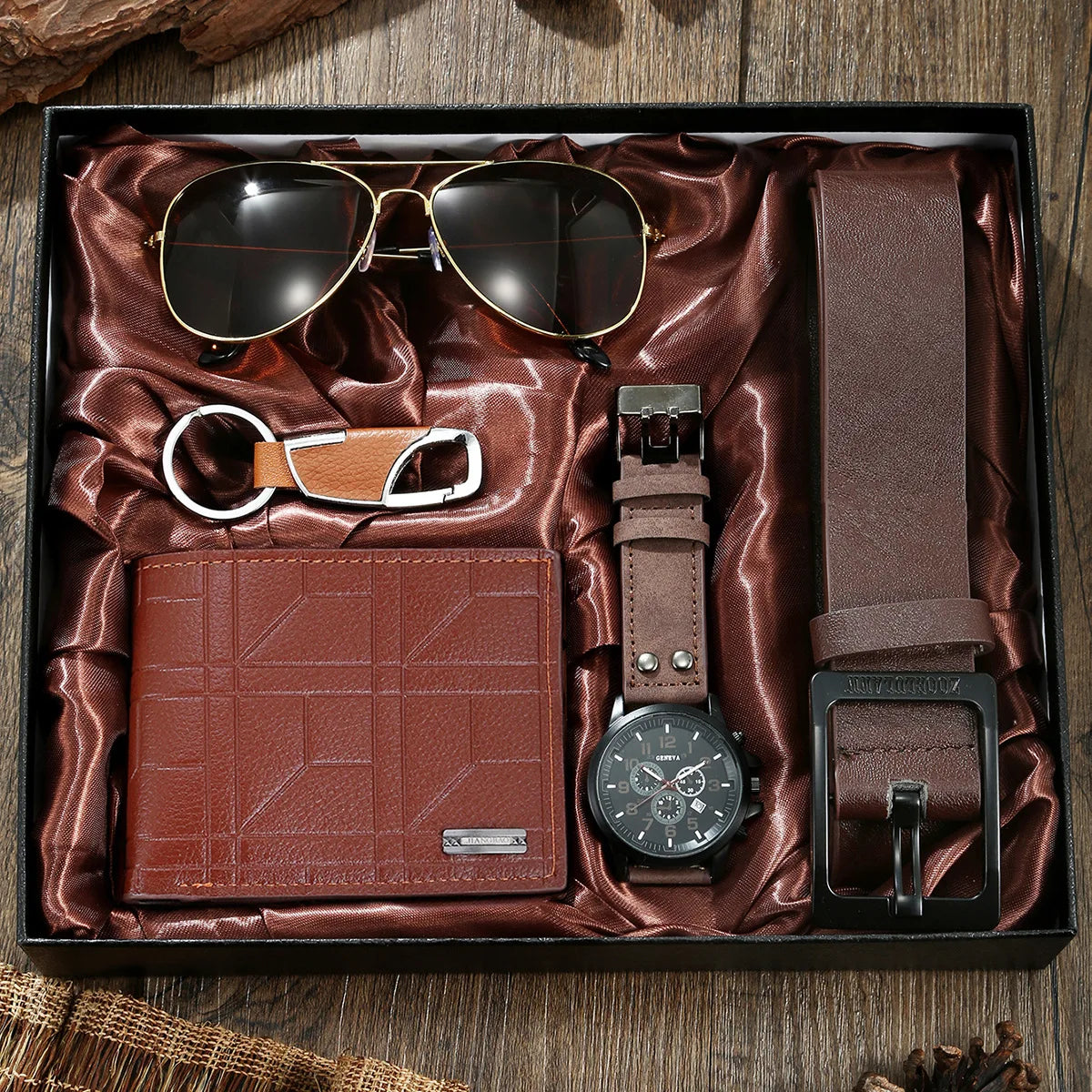 Coffret homme élégant – Montre, accessoires : portefeuille, ceinture, lunettes, porte-clés, tondeuse, cadeau luxe