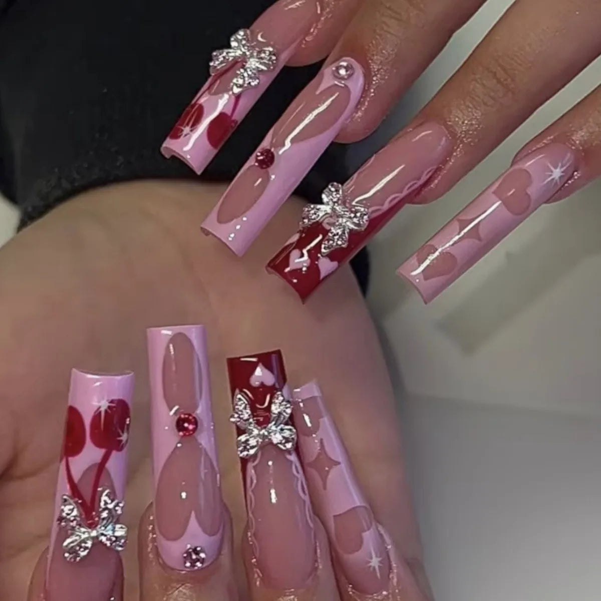 24 pcs faux ongles longs carrés blanc français cerise strass