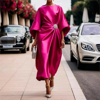 Robe Élégante Décontractée – Satin Perlé, Manches Courtes, Look Banlieue Tendance