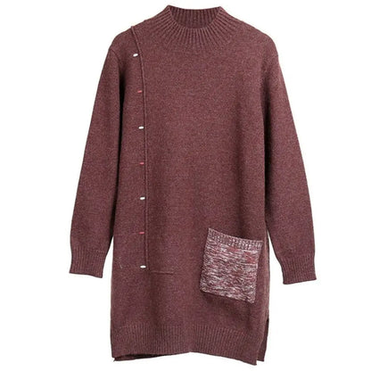 Pull mi-long pour femme, col recommandé, chemise à fond, poche, coréen, automne, hiver