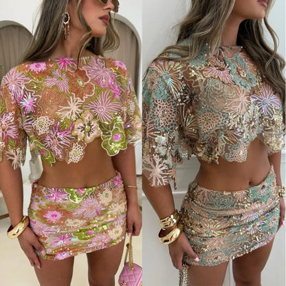 FLARORA Ensemble Femme Luxe 2 Pièces, Broderie & Paillettes, Haut Court & Jupe,