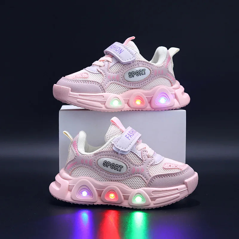 Baskets enfants cuir PU LED, été, respirantes, antidérapantes, taille 21-30, bleu/blanc/rose