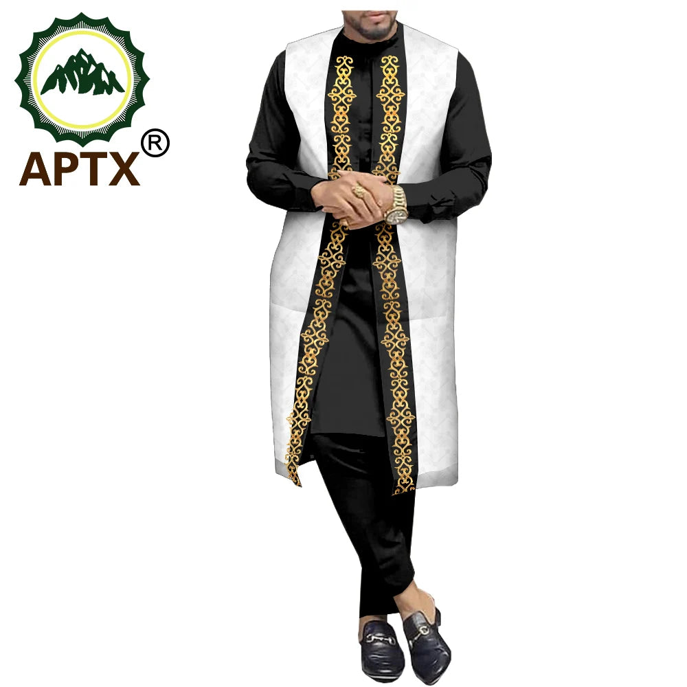 APTX Ensemble africain homme 3 pièces – Chemise et pantalon jacquard, tenue traditionnelle mariage et fête