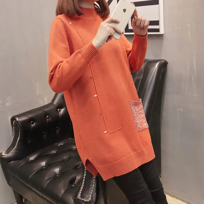 Pull mi-long pour femme, col recommandé, chemise à fond, poche, coréen, automne, hiver