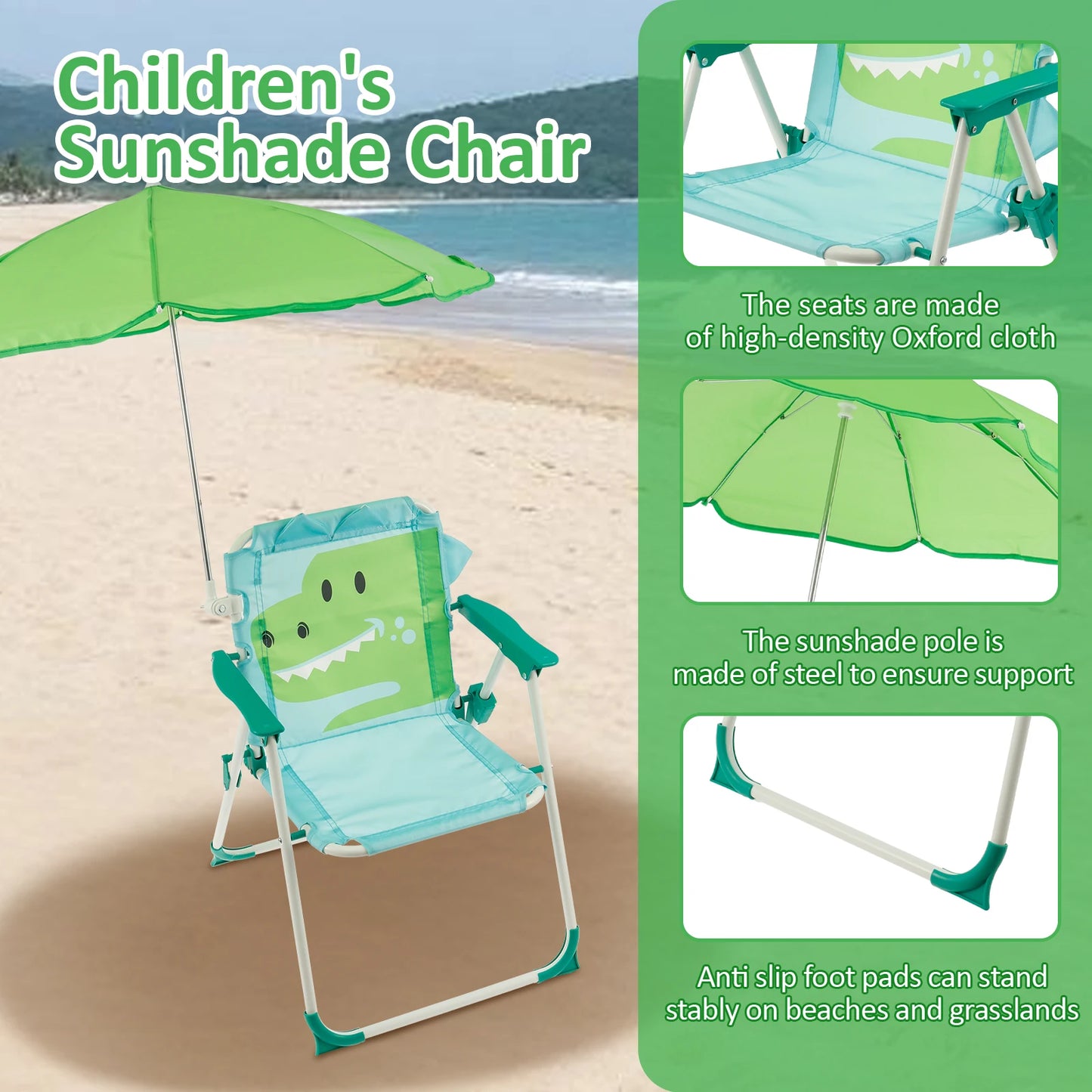 Chaise de plage pliante enfant avec parasol – légère, résistante au vent, idéale pique-nique & camping.