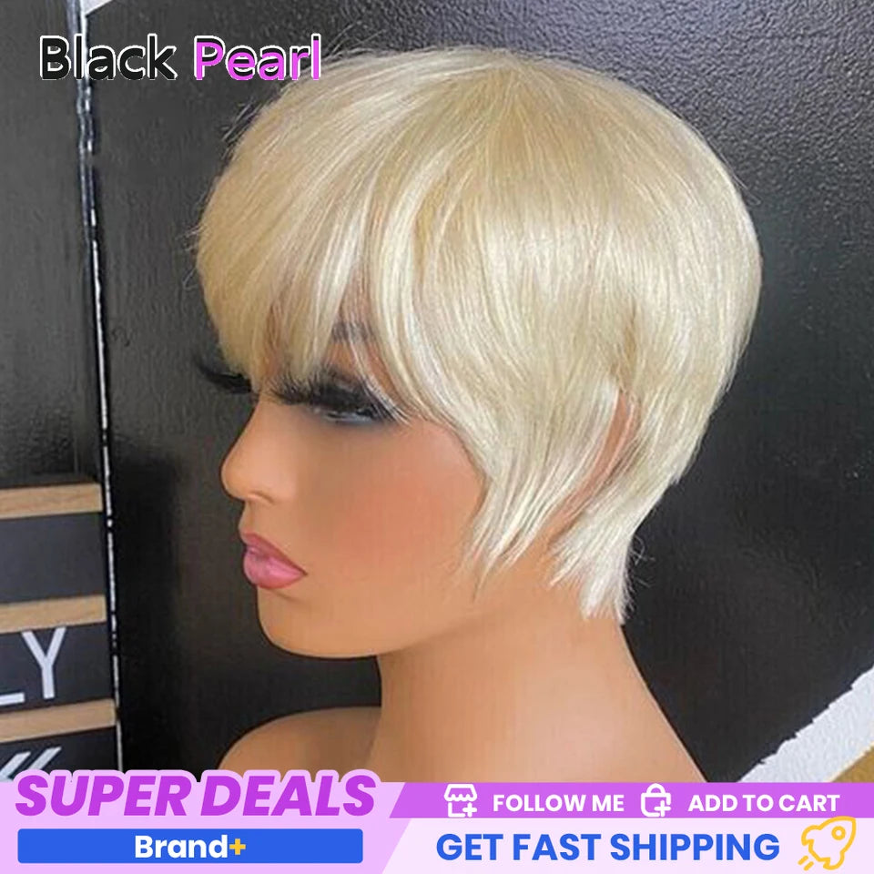 Perruque femme cheveux humains –, courte, raide, frange, Remy, style élégant