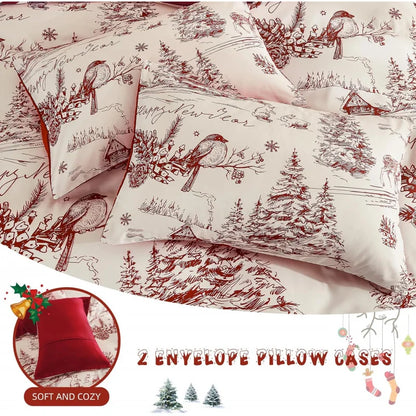 Ensemble literie Noël rouge campagne, microfibre douce 3 pièces