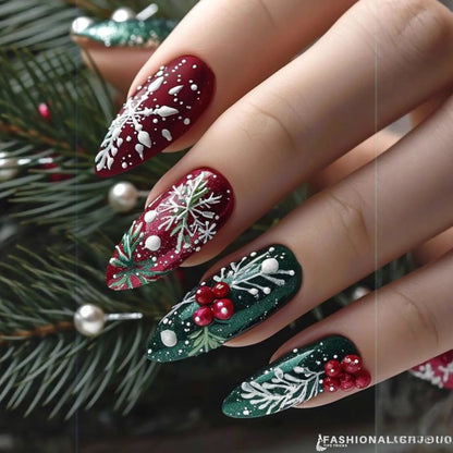 24 ongles pressés mi-longs poudre flocon neige rouge réutilisables