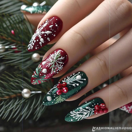 24 ongles pressés mi-longs poudre flocon neige rouge réutilisables