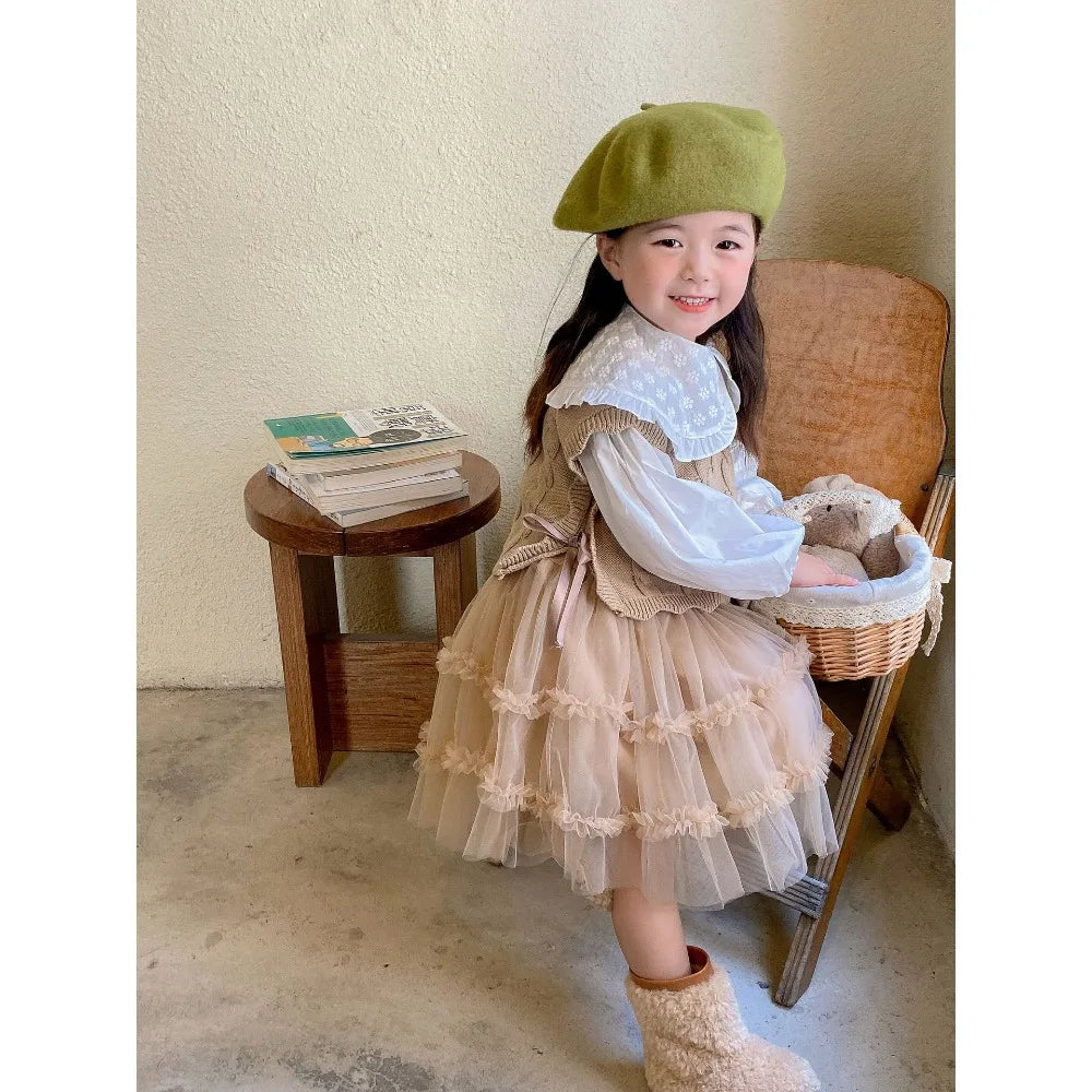 Gilet tricoté fille – sans manches, mode printemps/automne, 1‑7 ans