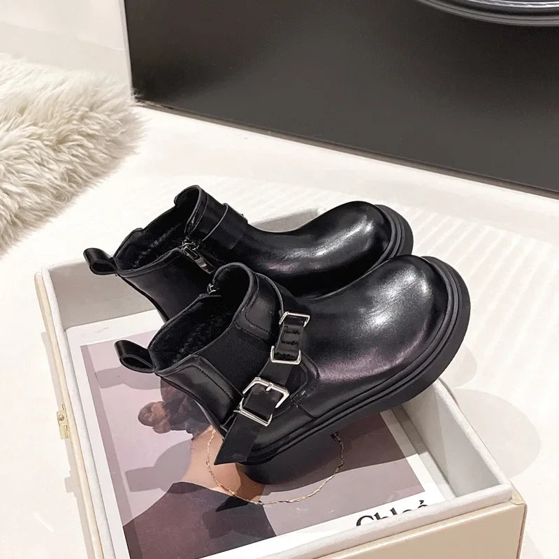 Bottes Courtes Fille – Bottines Basses en Cuir et Coton, Style Britannique Tendance, Chaudes et Confortables Automne Hiver