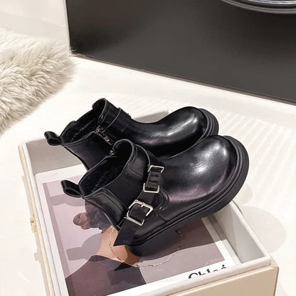 Bottes Courtes Fille – Bottines Basses en Cuir et Coton, Style Britannique Tendance, Chaudes et Confortables Automne Hiver