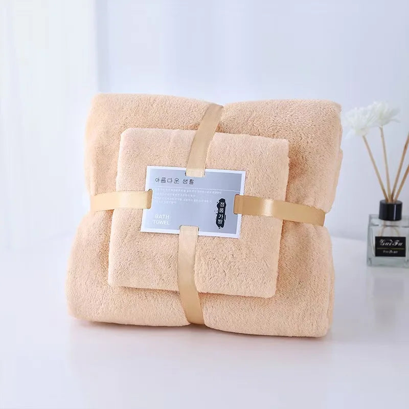 ‌ Ensemble de Serviettes de Bain 2 Pièces en Molleton de Corail – Ultra Douces, Haute Absorption, Séchage Rapide, Pour Spa, Hôtel, Adulte, Couleur Unie