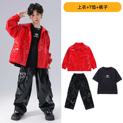 Costume Danse Jazz Garçon Filles, Pantalon Cuir Brillant Rouge, Streetwear Hip Hop Scène .