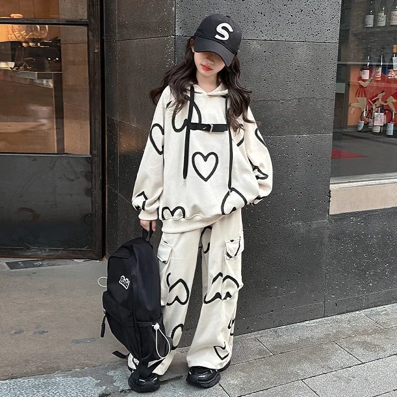 Ensemble survêtement fille 5-12 ans, sweat à capuche et pantalon, automne-hiver .