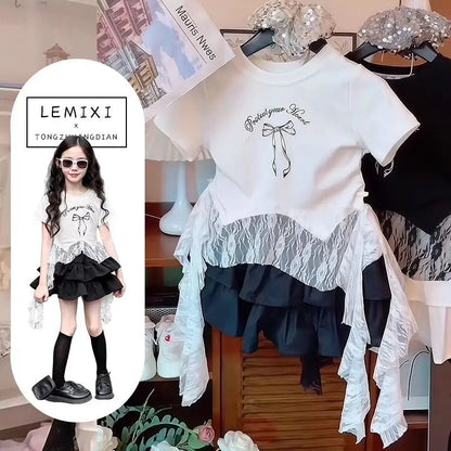 Ensemble été fille 2-10 ans : haut + jupe, costume princesse élégant, nouvelle collection  .