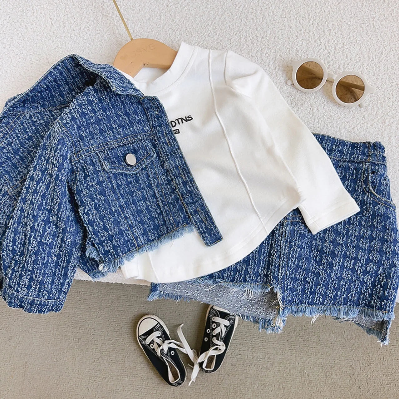 Ensemble de vêtements d'automne pour filles, 2 pièces en Denim, Style Preppy, veste + jupe à revers pour enfants, tenue tendance, nouvelle collection ;