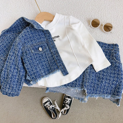 Ensemble de vêtements d'automne pour filles, 2 pièces en Denim, Style Preppy, veste + jupe à revers pour enfants, tenue tendance, nouvelle collection ;