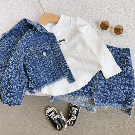 Ensemble de vêtements d'automne pour filles, 2 pièces en Denim, Style Preppy, veste + jupe à revers pour enfants, tenue tendance, nouvelle collection ;