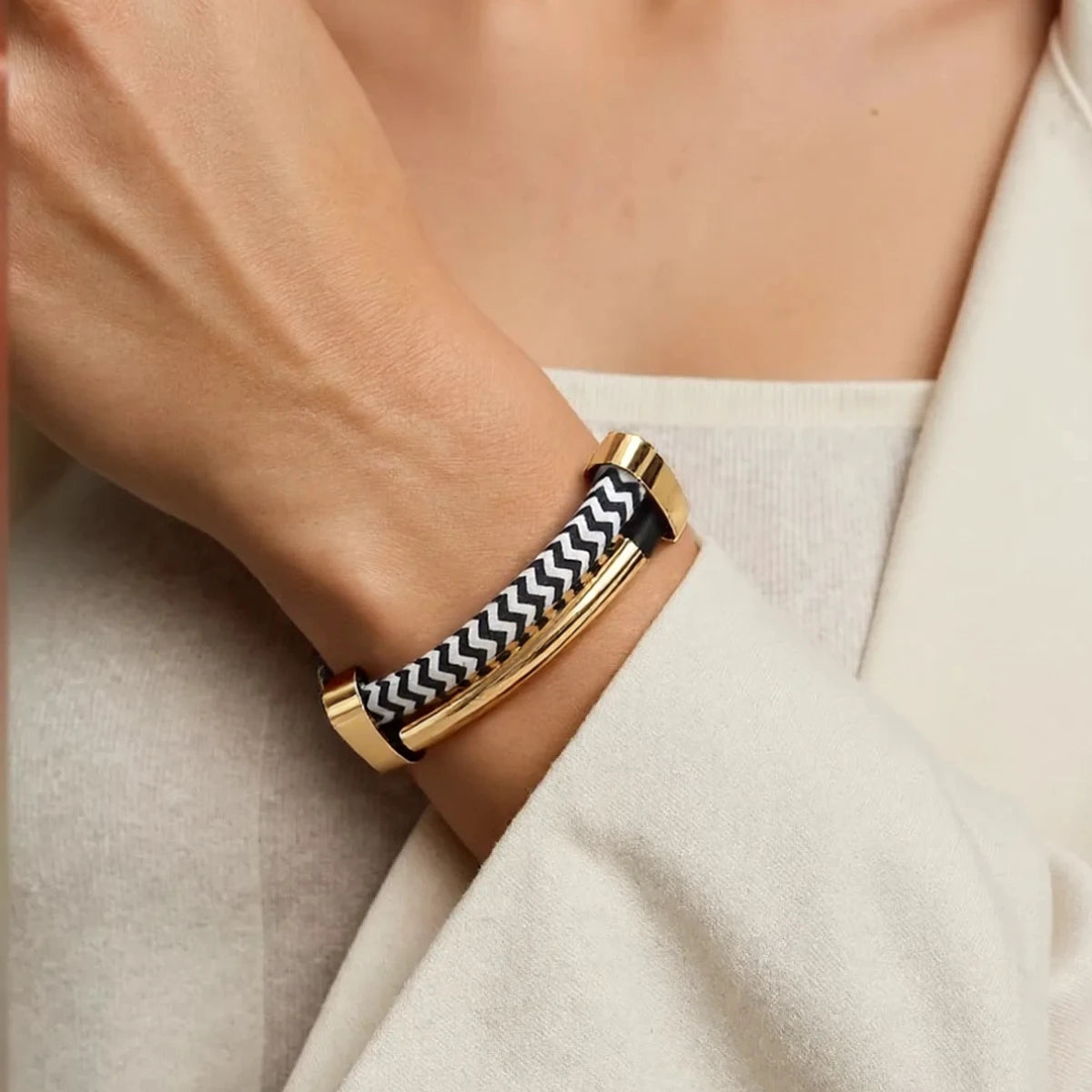 Ensemble Collier et Bracelet Hip-Hop Noir & Blanc – Double Chaîne Métallique Épaisse YIKOOLIN