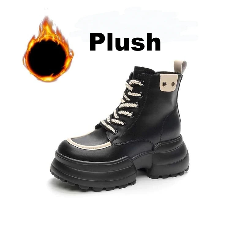 WOIZGIC bottines femmes en cuir véritable, style britannique à lacets, fourrure chaude automne/hiver, chaussures montantes confortables