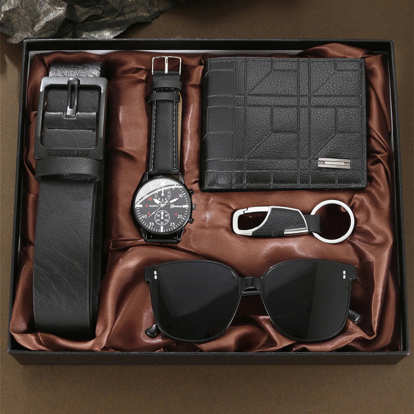 Coffret homme élégant – Montre, accessoires : portefeuille, ceinture, lunettes, porte-clés, tondeuse, cadeau luxe