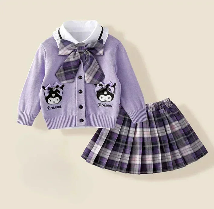 Ensemble cosplay Sanrio Kuromi My Melody 2024, jupe plissée JK, cardigan tricoté style collégial, costume trois pièces pour enfants