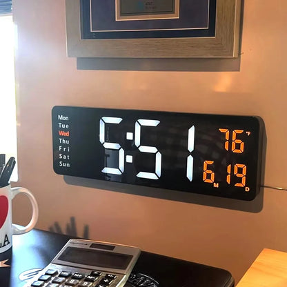 Horloge murale LED grande - télécommande, double alarme, température