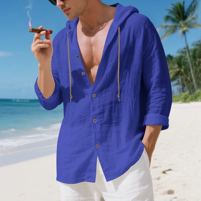 Chemise Homme Lin Ample – Manches Longues, Cardigan Capuche décontractée, Tendance Plage, Automne