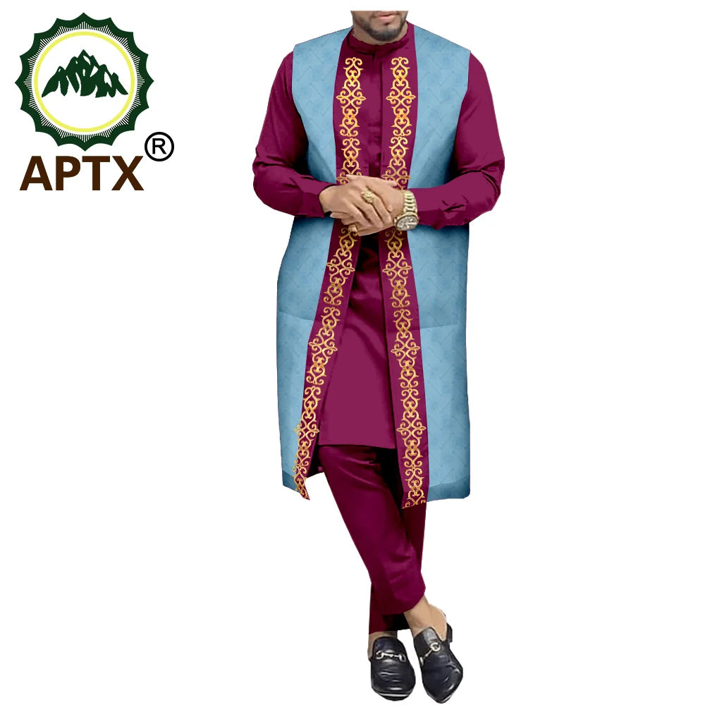 APTX Ensemble africain homme 3 pièces – Chemise et pantalon jacquard, tenue traditionnelle mariage et fête