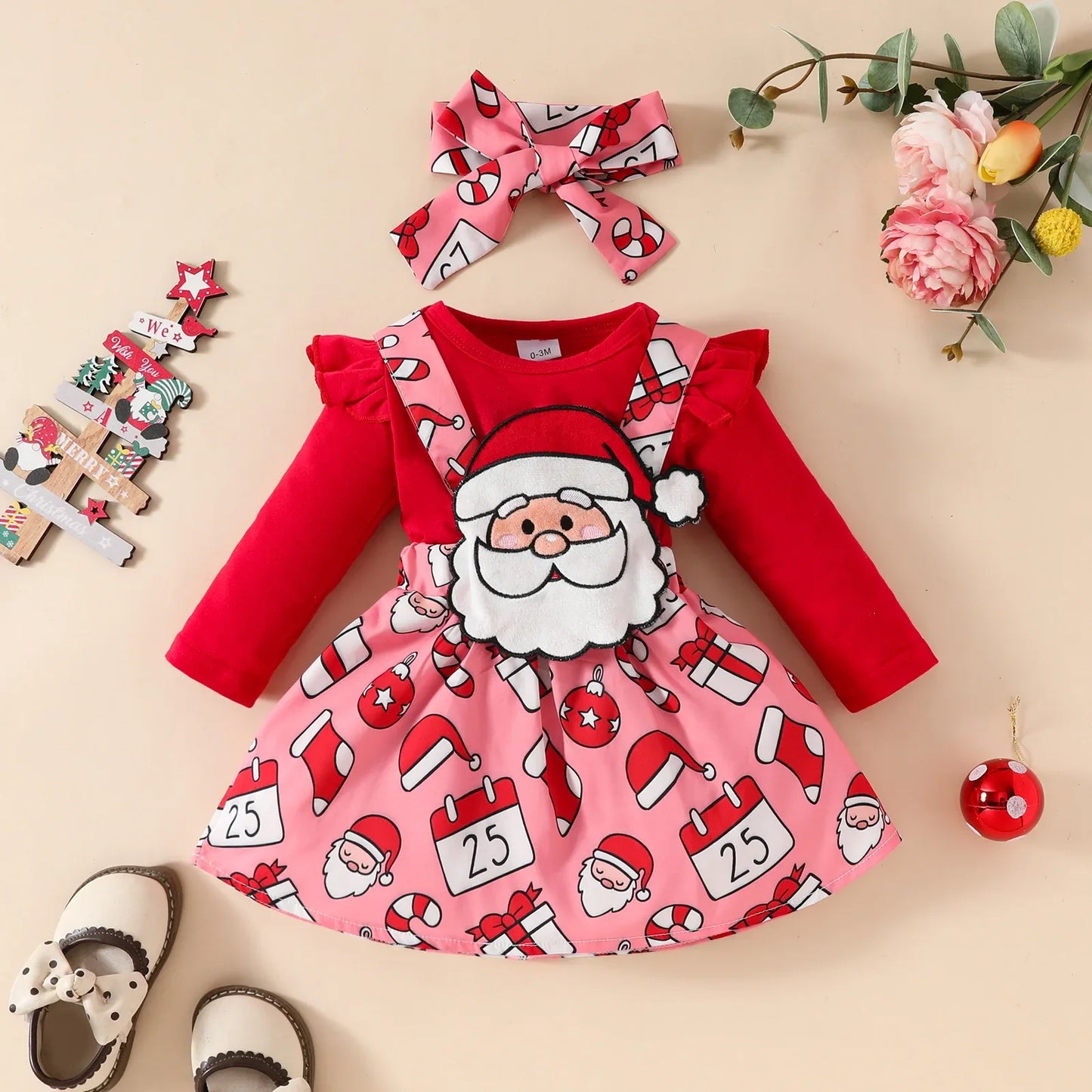 Ensemble Noël bébé fille 0‑18 mois – body imprimé, robe, bandeau