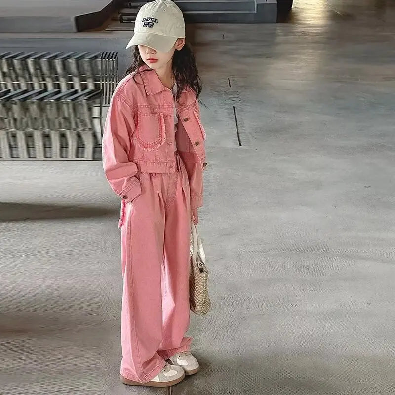 Ensemble de tenues 2 pièces pour filles, veste en jean à la mode, vêtements d'école pour mère et fille, tenues pour adolescents de 12 à 13 ans.