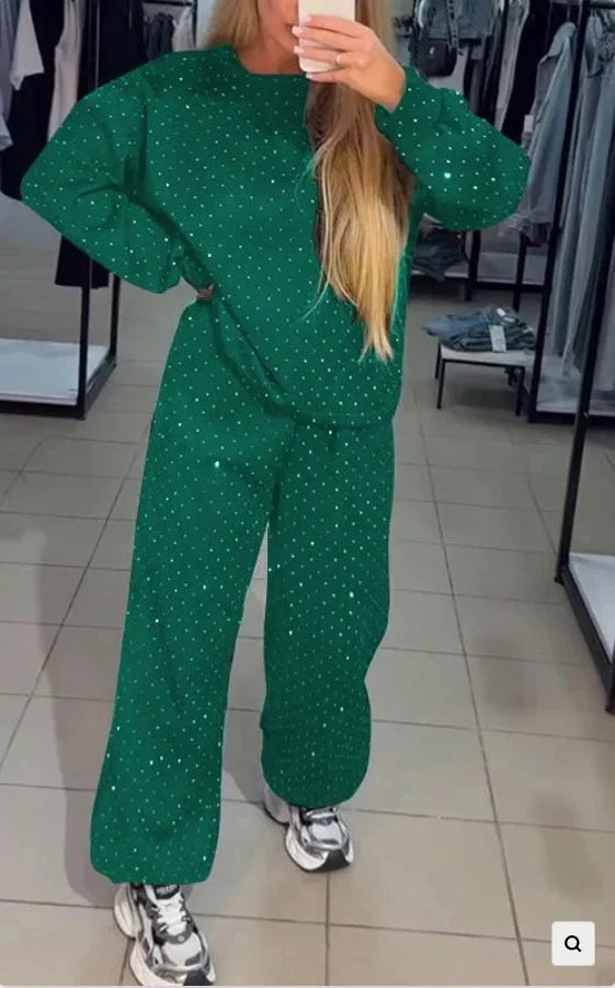 Ensemble Survêtement Femme 2 Pièces Rétro – Sweat et Pantalon à Col Rond Brillant